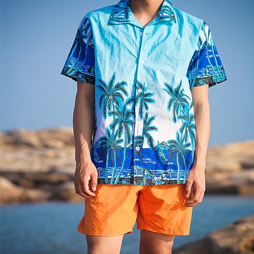 

Men's Summer Hawaiian Shirt Graphic Turndown Blue Yellow Outdoor Casual Short Sleeve Print Clothing Apparel Hawaiian Beach
