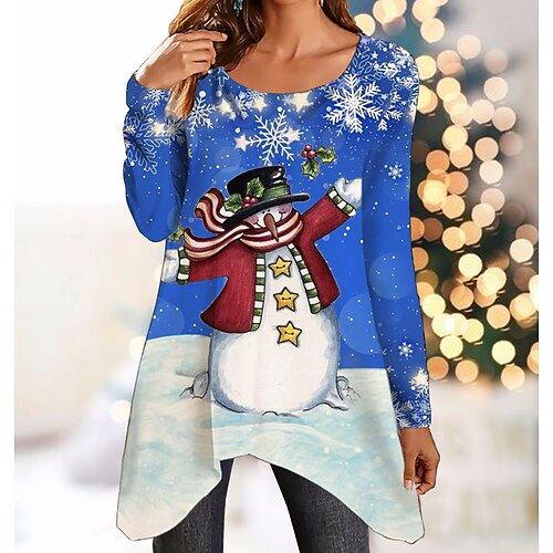 

Women's T shirt Tee Blue Snowman Snowflake Flowing tunic Print Long Sleeve Christmas Weekend Basic Round Neck Long Painting S