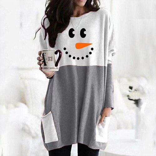 

Women's Blouse Shirt Green Black Red Color Block Snowman Pocket Print Long Sleeve Christmas Casual Basic Round Neck Long S