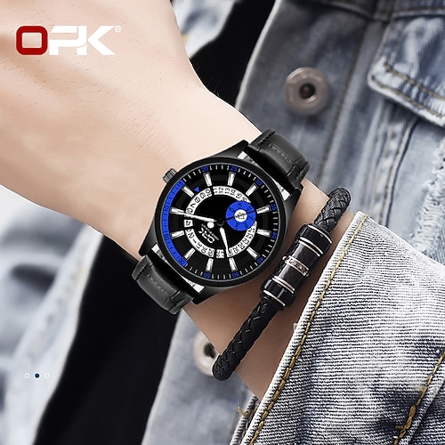 

OPK Brand Wrist Watch for Men Analog Quartz Sporty Luminous Stylish Casual Waterproof Calendar Noctilucent Alloy PU Leather Classic Theme Fashion