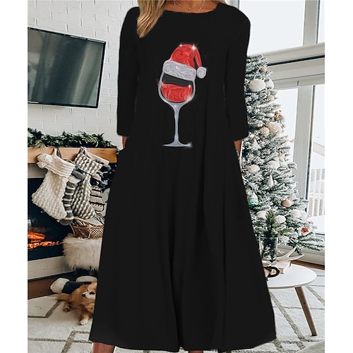 

Women's Christmas Casual Dress Shift Dress Midi Dress Midi Dress Black Wine Light Red 3/4 Length Sleeve Snowman Ruched Winter Fall Autumn Round Neck Fashion Daily 2022 S M L XL XXL 3XL