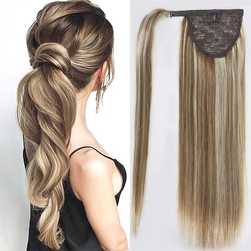 

Ponytail Extension Human Hair Light Brown with Bleach Blonde Wrap Around Clip in Ponytail Hair Extensions Hair Piece Real Remy Human Hair Ponytail Extension for Women Long Straight