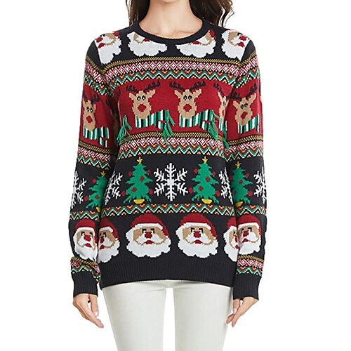 

Women's Ugly Christmas Sweater Pullover Sweater Jumper Ribbed Knit Knitted Santa Claus Crew Neck Stylish Casual Outdoor Christmas Winter Fall Black White S M L