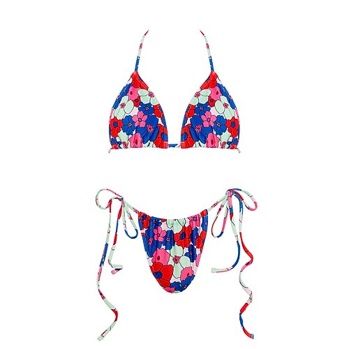 

Women's Swimwear Bikini 2 Piece Normal Swimsuit Backless Printing string Flower Blue Halter V Wire Bathing Suits New Vacation Cute
