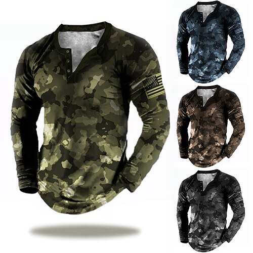 

Men's Henley Shirt T shirt Tee Tee Graphic Camouflage Henley Green Blue Brown Gray 3D Print Outdoor Daily Long Sleeve Button-Down Print Clothing Apparel Basic Designer Casual Classic