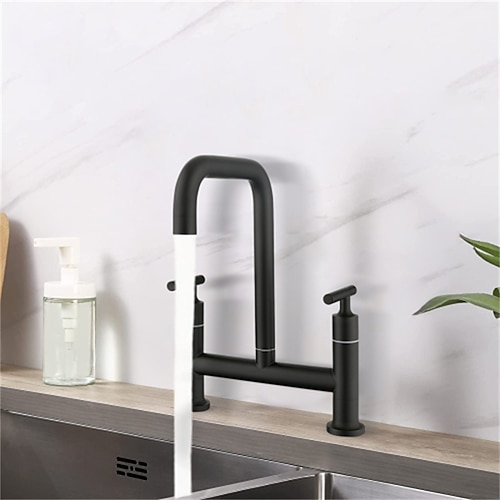 

Bridge Kitchen Faucet,Rotatable Double Handles Two Holes Widespread Kitchen Tap Stainless Steel Matte Black