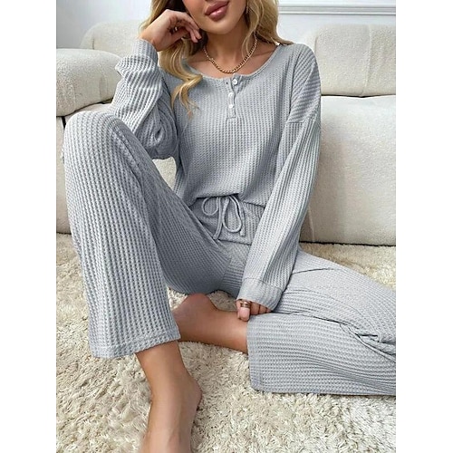 

Women's Shirt Pants Sets Pajamas Basic Grey Casual Daily Solid Color Drawstring Crew Neck S M L XL 2XL