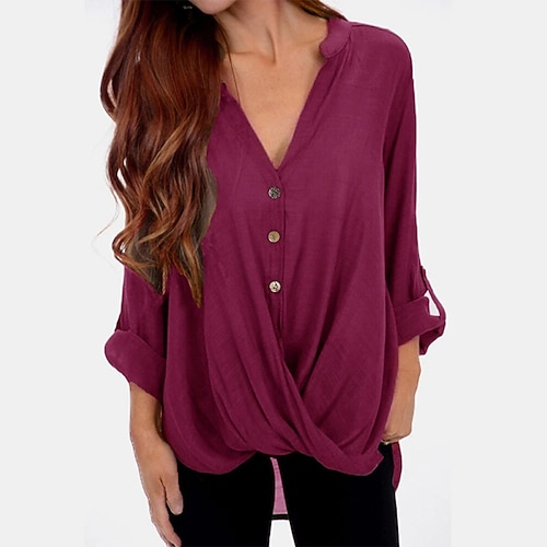 

Women's Blouse Shirt Black Wine Navy Blue Plain Asymmetric Long Sleeve Casual Elegant V Neck Long M