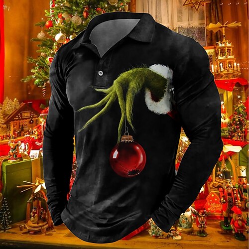 

Men's Collar Polo Shirt Golf Shirt Graphic Prints Ugly Christmas Turndown Wine Green Black Blue Brown 3D Print Christmas Street Long Sleeve Button-Down Print Clothing Apparel Fashion Designer Casual