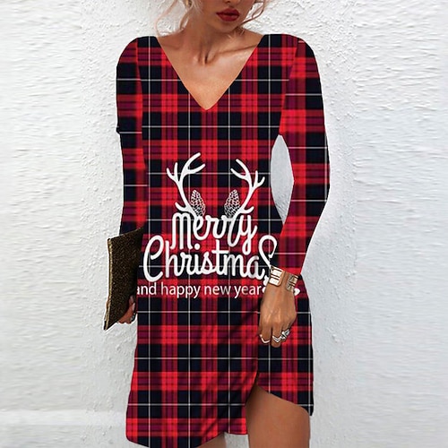 

Women's Christmas Casual Dress T Shirt Dress Tee Dress Shift Dress Mini Dress Wine Long Sleeve Plaid Pocket Winter Fall Autumn V Neck Loose Fit 2022 S M L XL XXL 3XL