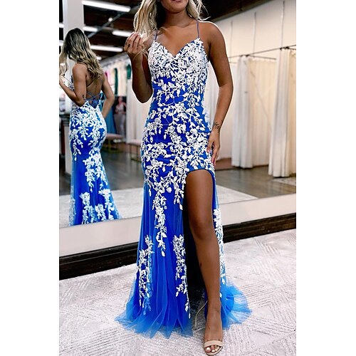 

Mermaid / Trumpet Prom Dresses Color Block Dress Formal Sweep / Brush Train Sleeveless Sweetheart Neckline Lace Backless with Slit Appliques 2022