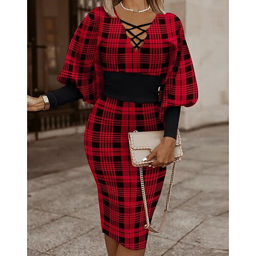 

Women's Work Dress Sheath Dress Plaid Dress Midi Dress Red Long Sleeve Plaid Print Winter Fall Spring V Neck Fashion Daily Weekend 2022 S M L XL 2XL 3XL