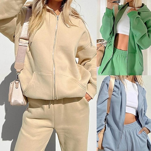 

Women's Hoodie Sweatshirt Zip Up Hoodies Pants Trousers Active Basic Streetwear Green Blue Sports Outdoor Solid Color Zipper S M L XL 2XL
