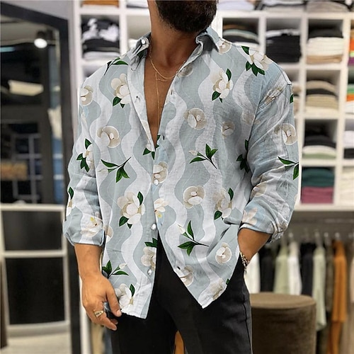 

Men's Shirt Floral Graphic Prints Turndown Blue Khaki 3D Print Outdoor Street Long Sleeve Button-Down Print Clothing Apparel Fashion Designer Casual Soft