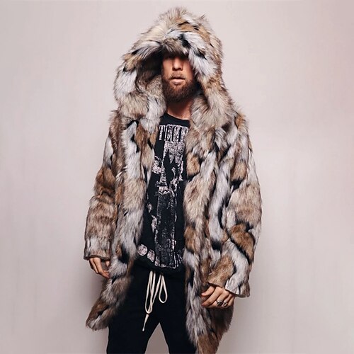 

Men's Winter Jacket Winter Coat Fur Coat Soft Outdoor Casual / Daily Daily Wear Vacation Going out Double Breasted Hooded Warm Ups Comfort Jacket Outerwear Leopard Print Pocket Fur Khaki