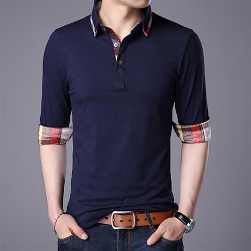 

Men's Golf Shirt Color Block Turndown Blue Navy Blue Gray White Work Casual Long Sleeve Button-Down Clothing Apparel Cotton Business Comfortable Pocket