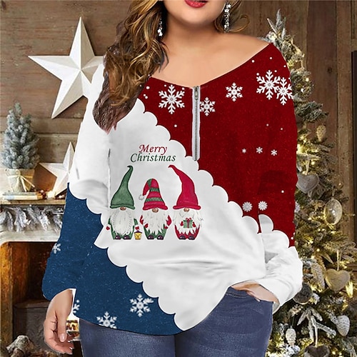 

Women's Plus Size Christmas Tops T shirt Tee Santa Claus Christmas Tree Zipper Print Long Sleeve V Neck Casual Festival Daily Cotton Spandex Jersey Winter Fall Black Blue