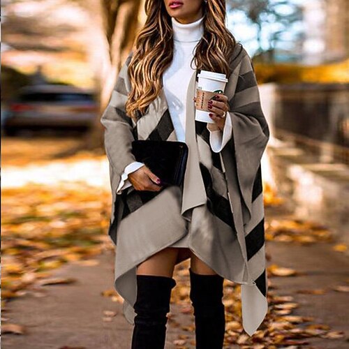 

Women's Shirt Shrugs Brown Grey Plaid Long Sleeve Party Holiday Basic Ponchos Elegant One-Size