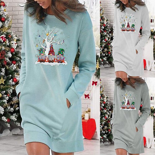 

Women's Christmas Hoodie Dress Winter Dress Light Blue Grey White Long Sleeve Santa Claus Pocket Print Winter Fall Crew Neck Stylish Casual 2022 S M L XL 2XL / Cotton