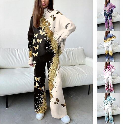 

Women's Shirt Pants Sets Pajamas Basic Green Purple Casual Daily Floral Butterfly Print Turtleneck S M L XL XXL