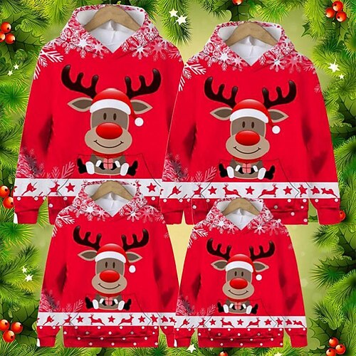

Family Christmas Hoodie Graphic Deer Outdoor Crewneck Red Long Sleeve Cute Matching Outfits