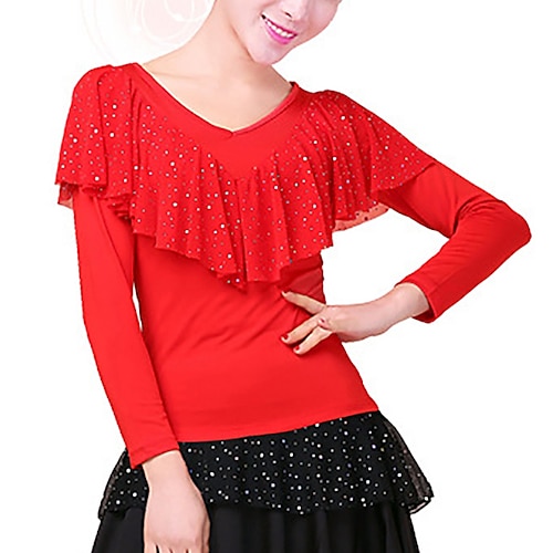 

Latin Dance Ballroom Dance Top Ruffles Pure Color Splicing Women's Performance Training Long Sleeve High Cotton Blend