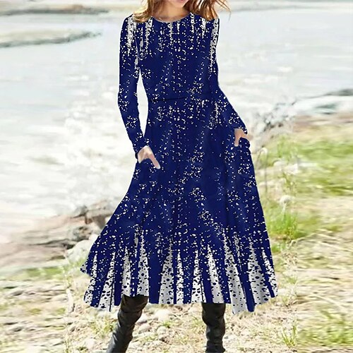 

Women's Casual Dress Swing Dress Midi Dress Blue Long Sleeve Color Gradient Pocket Winter Fall Autumn Winter Dress Fall Dress 2022 S M L XL XXL 3XL