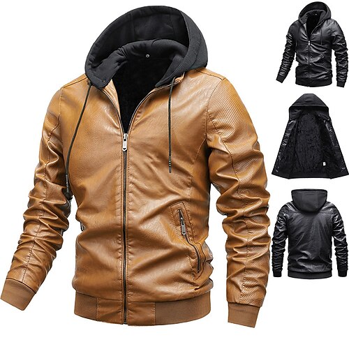 

Men's Fleece Jacket Faux Leather Jacket Fleece Lining Warm Daily Wear Vacation Going out Zipper Hooded Comfort Leisure Jacket Outerwear Solid Color Zipper Pocket Black Yellow