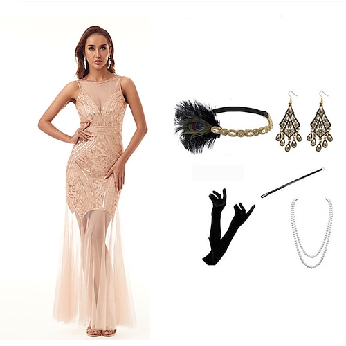 

Den store Gatsby Vintage Inspirert Den store Gatsby Flapper kjole Party-kostyme Maskerade Dame Paljetter Kostume Årgang Cosplay Fest / aften Formell Ermeløs Lang Lengde Kjole Halloween