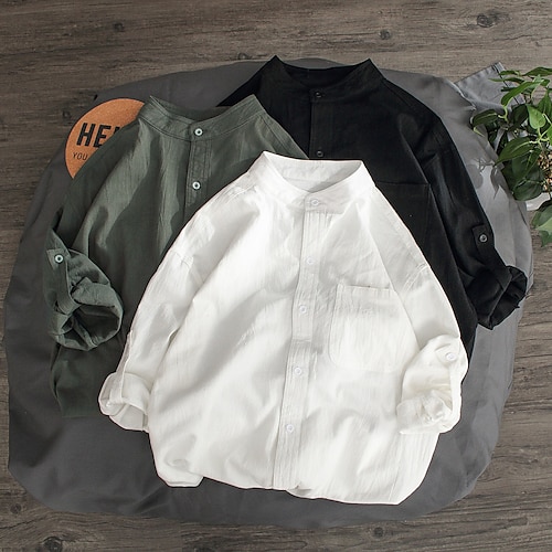 

Men's Linen Shirt Plain Solid Colored Standing Collar Black White Army Green 3D Print Outdoor Street Long Sleeve Button-Down Clothing Apparel Vintage Fashion Classic