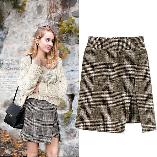 

Women's Work Skirts Plaid Skirt Mini Polyester Tweed Brown Grey Skirts Fall Winter Split Print Elegant Going out Casual Daily XL 2XL 3XL