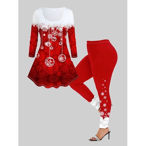 

Women's Plus Size Christmas Tops Set Snowflake Print Long Sleeve Crew Neck Modern Festival Vacation Polyester Winter Fall Red