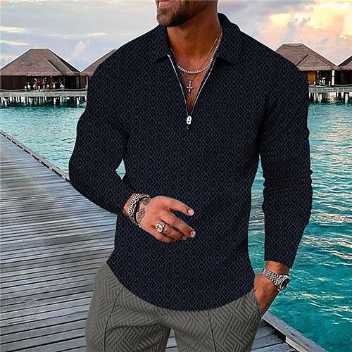 

Men's Polo Shirt Golf Shirt Graphic Prints Geometry Turndown Navy Blue Beige 3D Print Outdoor Street Long Sleeve Zipper Print Clothing Apparel Fashion Designer Casual Soft