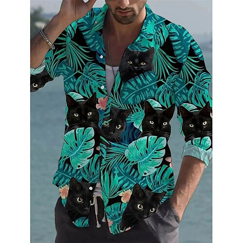 

Men's Shirt Graphic Prints Leaves Turndown Blue 3D Print Christmas Street Long Sleeve Button-Down Print Clothing Apparel Fashion Designer Casual Soft