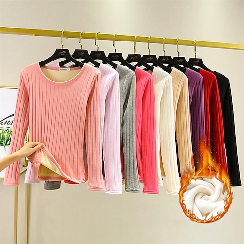 

Women's T shirt Tee Undershirt Bottoming Shirt Light Purple claret Watermelon Red Plain Long Sleeve Daily Weekend Basic Round Neck Regular Cotton Fleece lined M80-100 catties