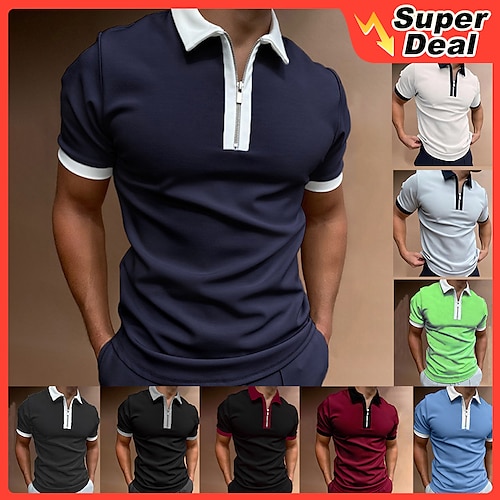 

Men's Collar Polo Shirt Zip Polo Golf Shirt Solid Color Collar Wine Black / Red Green Blue Dark Gray Work Weekend Short Sleeve Patchwork Clothing Apparel Polyester Fashion Business