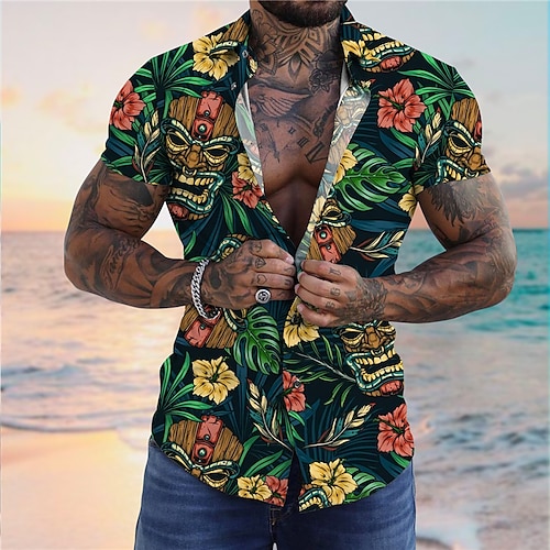 

Men's Shirt Floral Graphic Prints Mask Leaves Turndown Green Blue 3D Print Outdoor Street Short Sleeves Button-Down Print Clothing Apparel Tropical Designer Casual Hawaiian