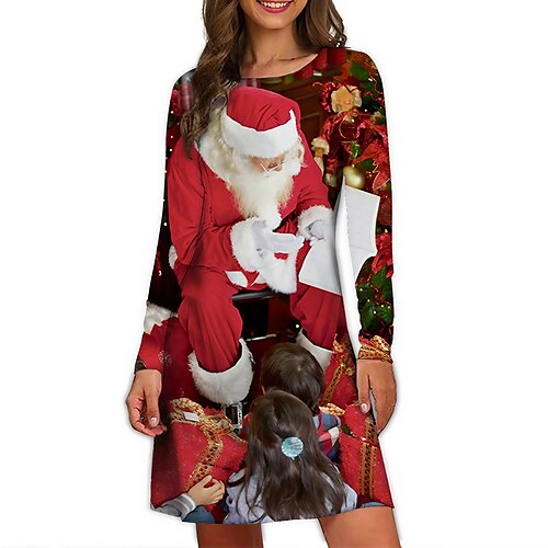 

Women's Christmas Casual Dress T Shirt Dress Tee Dress Mini Dress Black And White Green Black Long Sleeve Santa Claus Print Winter Fall Spring Crew Neck Fashion Daily Vacation Loose Fit 2022 S M L XL