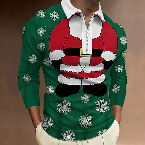 

Men's Collar Polo Shirt Golf Shirt Santa Claus Graphic Prints Snowflake Ugly Christmas Turndown Green 3D Print Christmas Street Long Sleeve Zipper Print Clothing Apparel Fashion Designer Casual Soft