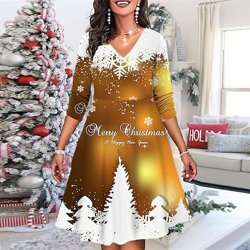 

Women's Christmas Casual Dress Shift Dress Mini Dress Gold Wine Red Long Sleeve Elk Tree Snowflake Print Winter Fall V Neck Vacation Casual 2022 XS S M L XL 2XL 3XL 4XL 5XL 6XL