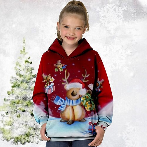 

Kids Girls' Ugly Christmas Hoodie Long Sleeve Animal Elk Pocket Wine Children Tops Winter Fall Vacation Cute Christmas Gifts Casual Christmas Regular Fit 7-13 Years