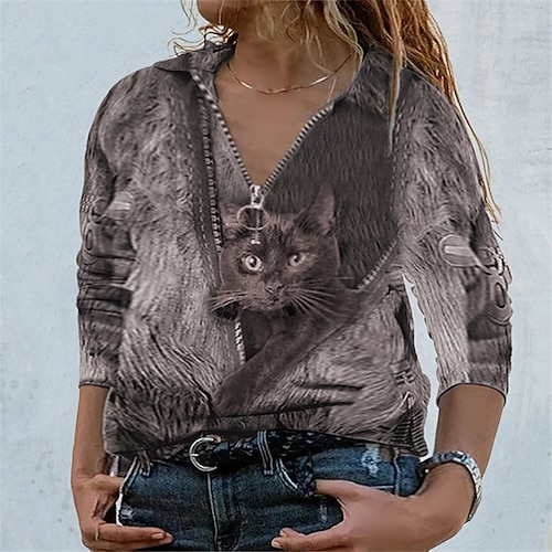 

Women's Plus Size Tops Blouse Shirt Animal Cat Zipper Print Long Sleeve Shirt Collar Casual Daily Going out Polyester Winter Fall Gray