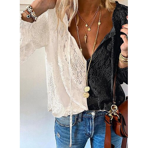 

Women's Blouse Shirt Apricot Color Block Lace up Lace Long Sleeve Casual Basic V Neck Regular S