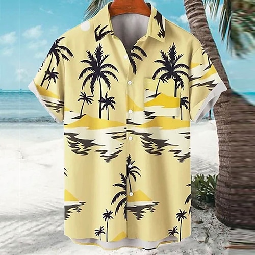 

Men's Shirt Coconut Tree Graphic Prints Turndown Pink Yellow 3D Print Outdoor Street Short Sleeves Button-Down Print Clothing Apparel Tropical Designer Casual Hawaiian
