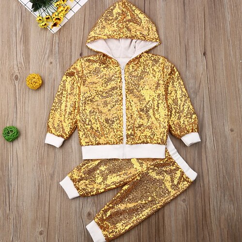 

Toddler Girls' Sequins Clothing Set 2 Pcs Long Sleeve Multicolor Yellow Gray Solid Color Outdoor Fashion Cool 3-7 Years