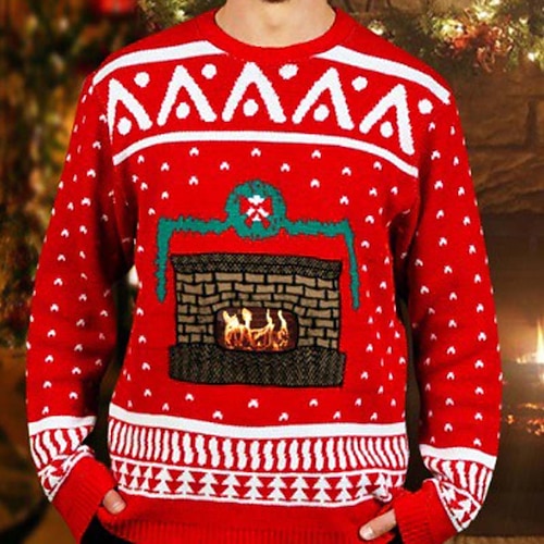 

Men's Sweater Ugly Christmas Sweater Pullover Sweater Jumper Ribbed Knit Cropped Knitted Christmas Pattern Crew Neck Keep Warm Modern Contemporary Christmas Work Clothing Apparel Fall & Winter Red S