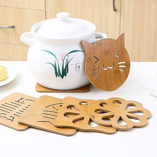 

Home Wooden Cartoon Insulation Mat Table Mat Non-slip Pot Mat Creative Cute Mat Tea Coaster Bowl Pad Coaster Kitchen Accessories