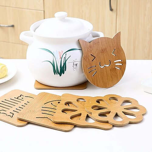 

Home Wooden Cartoon Insulation Mat Table Mat Non-slip Pot Mat Creative Cute Mat Tea Coaster Bowl Pad Coaster Kitchen Accessories