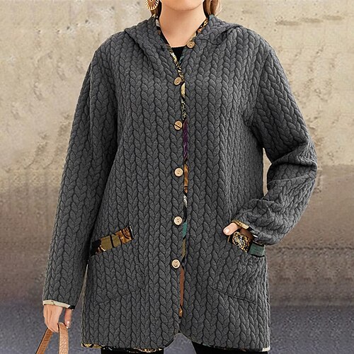 

Femme Grande taille Manteau à capuche Bouton Poche Graphic Extérieur Casual manche longue Capuche Normal Hiver Automne Gris XL XXL 3XL 4XL 5XL