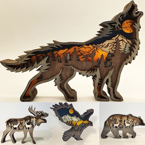 Wooden Animal Wolf Statue Creativity Wolf Totem Office Home Decorate Crafts North Forest Elk Brown Bear Ornaments
